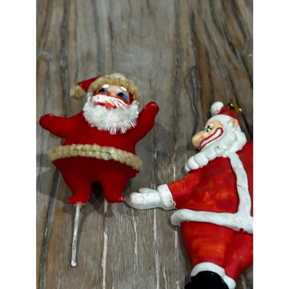 Lot 2 Vintage Santa Claus Christmas Ornaments Flocked Knee Hugger Plastic Decor
